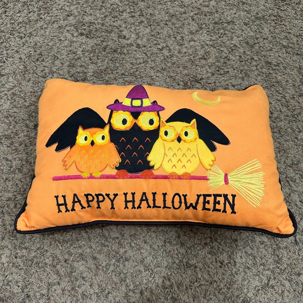 Halloween Owl Witch Broomstick Decorative Lumbar Pillow Orange Embroidered